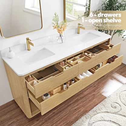 Vinnova, Harbin 72" Free-standing Double Bath Vanity in Washed Ash Grey with White Grain Stone Top