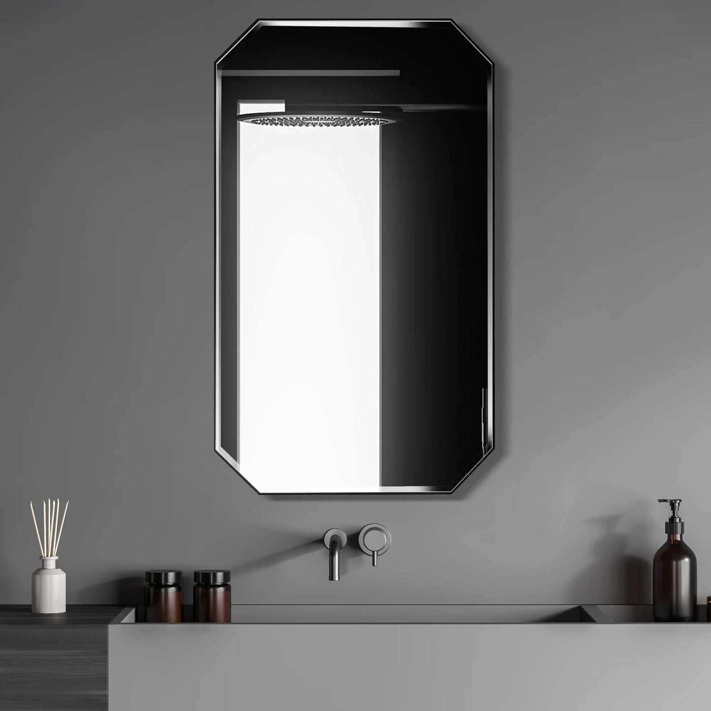 Vinnova, Sabadell 24 in. W x 40 in. H Octagon Metal Wall Mirror in Matte Black