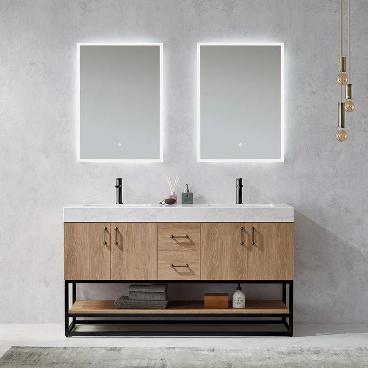Vinnova, Alistair 60B" Double Vanity in North American Oak with White Grain Stone Countertop With Mirror