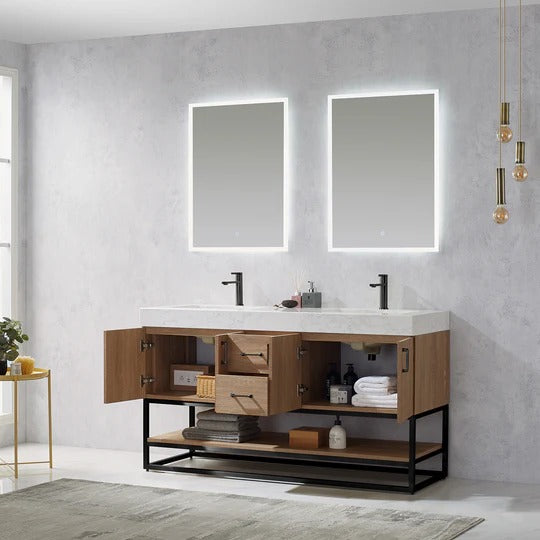 Vinnova, Alistair 60B" Double Vanity in North American Oak with White Grain Stone Countertop With Mirror