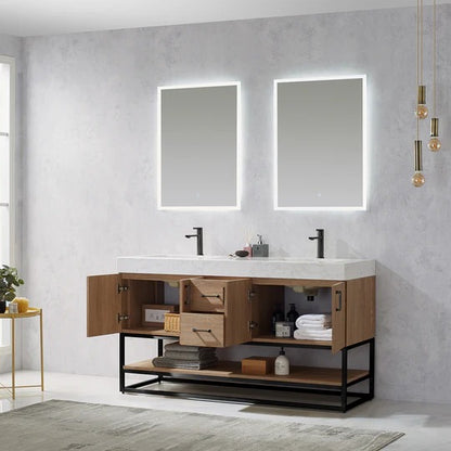 Vinnova, Alistair 60B" Double Vanity in North American Oak with White Grain Stone Countertop With Mirror