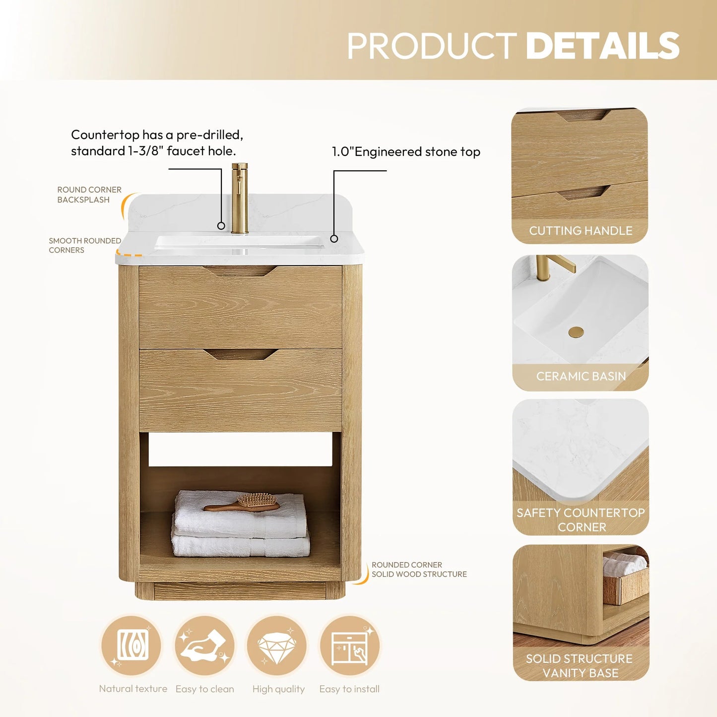 24" Vinnova Harbin Freestanding Bathroom Vanity | Single Sink | White Stone
