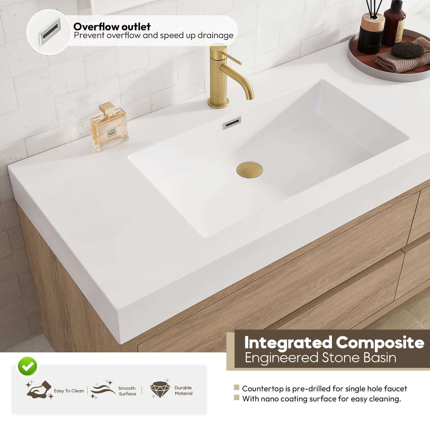 Vinnova, Palencia 84" Double Sink Wall-Mount Bath Vanity in North American Oak with White Composite Integral Sink Top displaying gold faucet and features