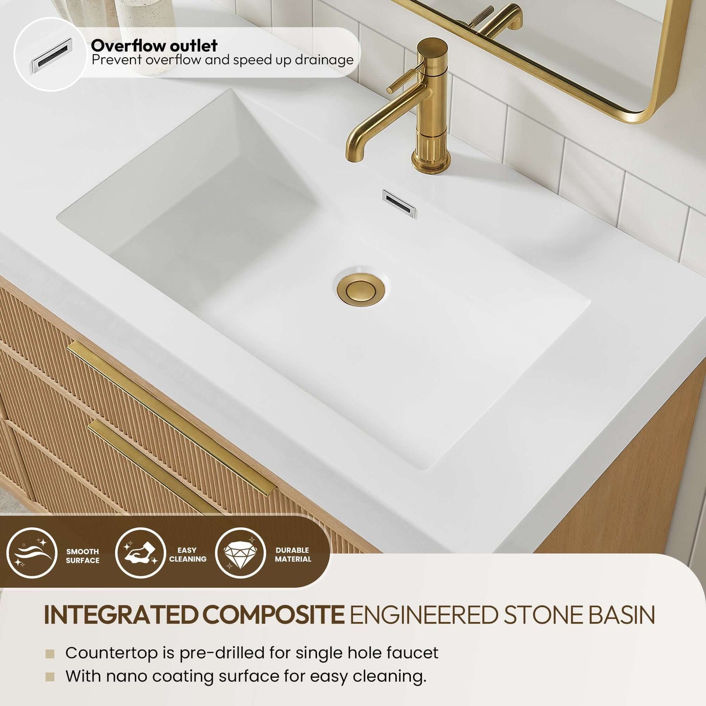Integrated composite engineered stone basin countertop with pre-drilled single hole faucet and nano coating for easy cleaning.