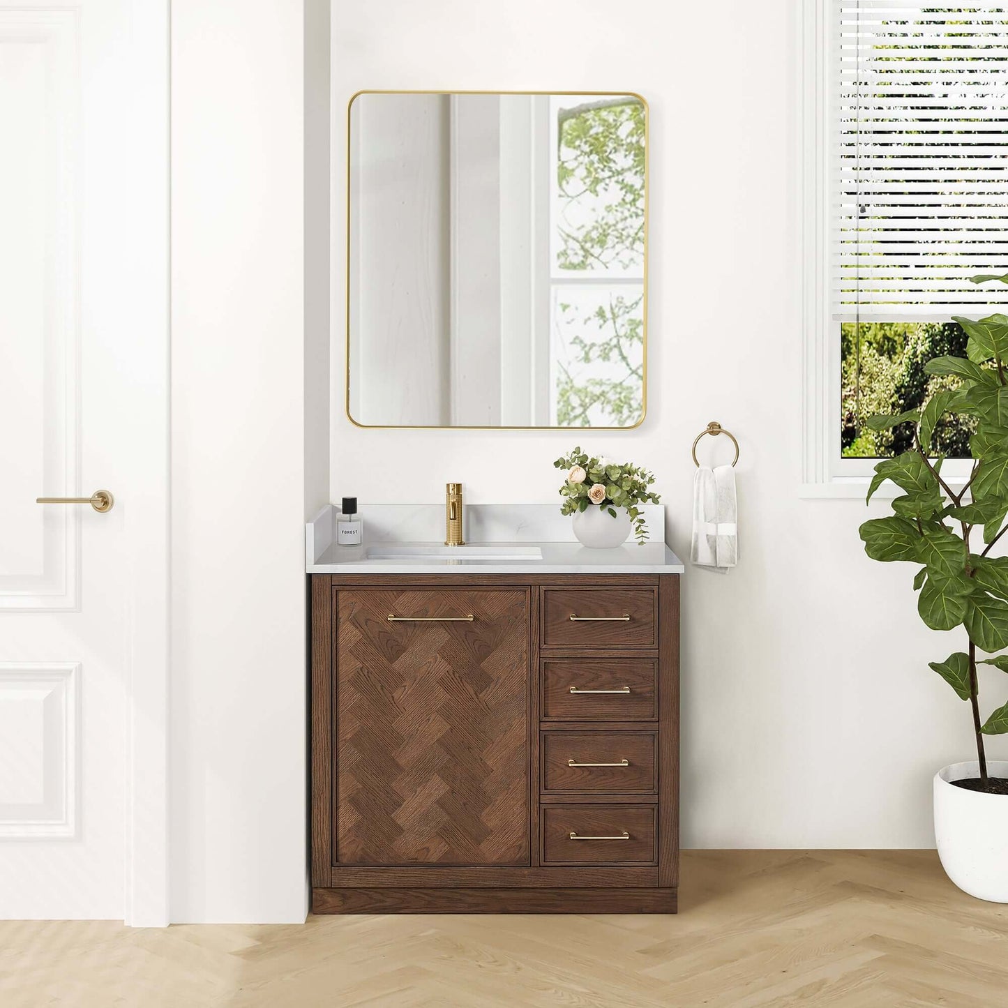 Vinnova, Jakarta 36" Freestanding Single Bath Vanity in Aged Dark Brown Oak with Silk White Quartz Stone Top in modern bathroom