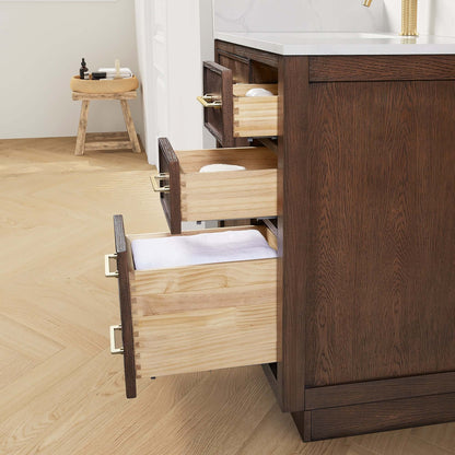 Vinnova, Jakarta 42" Freestanding Single Bath Vanity in Aged Dark Brown Oak with Silk White Quartz Stone Top, open drawers view