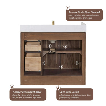 Vinnova, Jakarta 42" Freestanding Single Bath Vanity in Aged Dark Brown Oak with Silk White Quartz Stone Top open back design