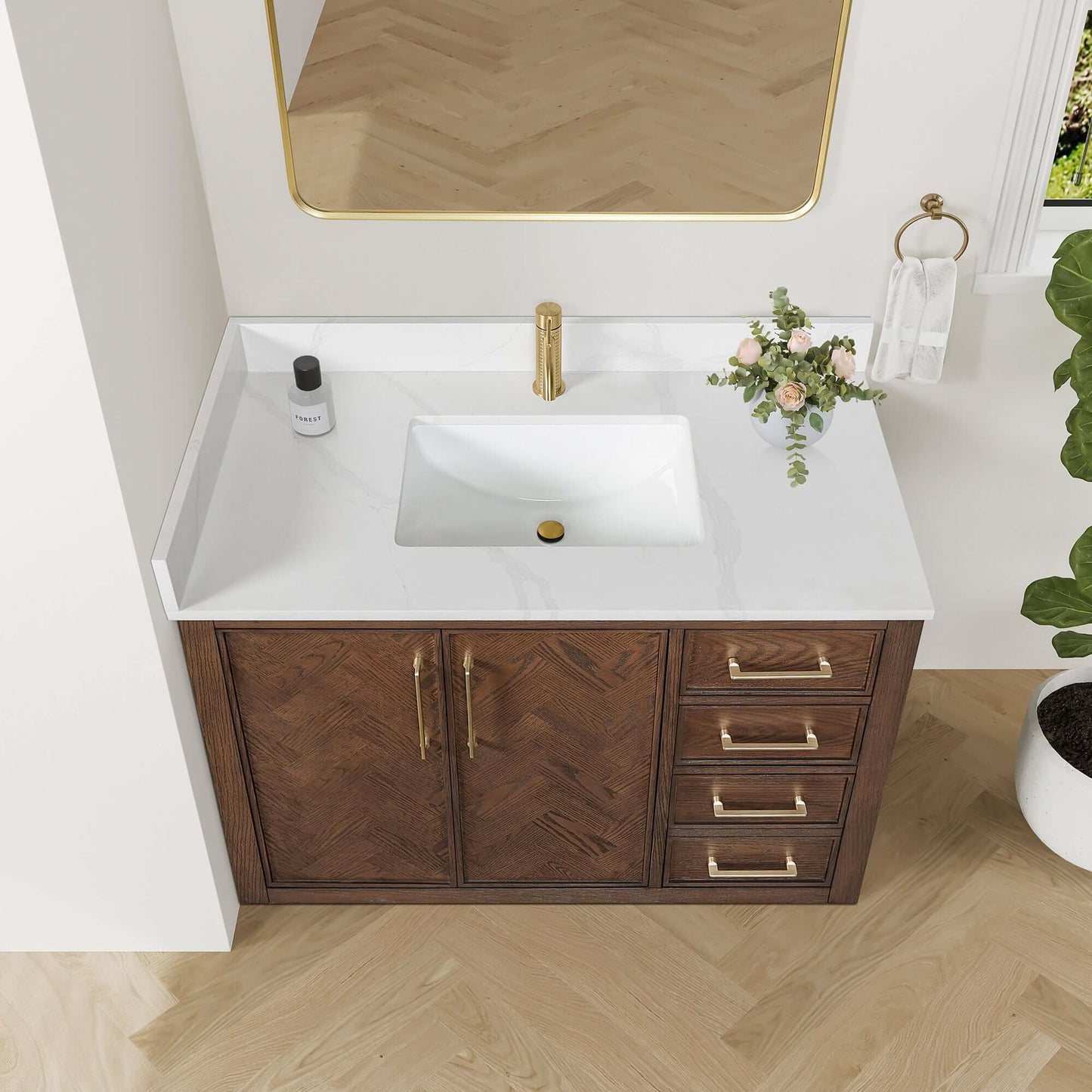 Vinnova, Jakarta 42" Freestanding Single Bath Vanity in Aged Dark Brown Oak with Silk White Quartz Stone Top