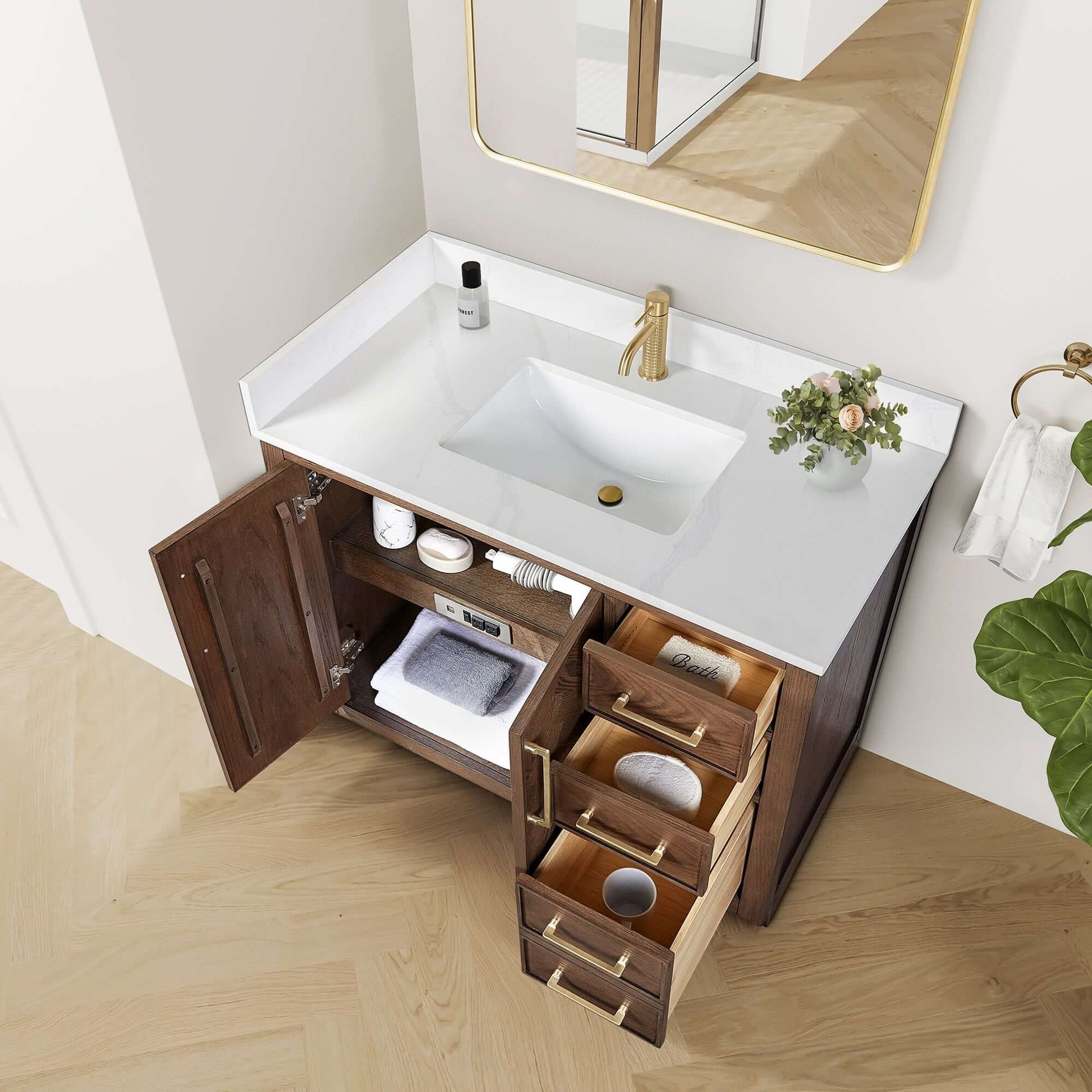 Vinnova, Jakarta 42" Freestanding Single Bath Vanity in Aged Dark Brown Oak with Silk White Quartz Stone Top in a bathroom setting
