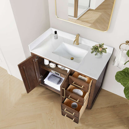 Vinnova, Jakarta 42" Freestanding Single Bath Vanity in Aged Dark Brown Oak with Silk White Quartz Stone Top in a bathroom setting