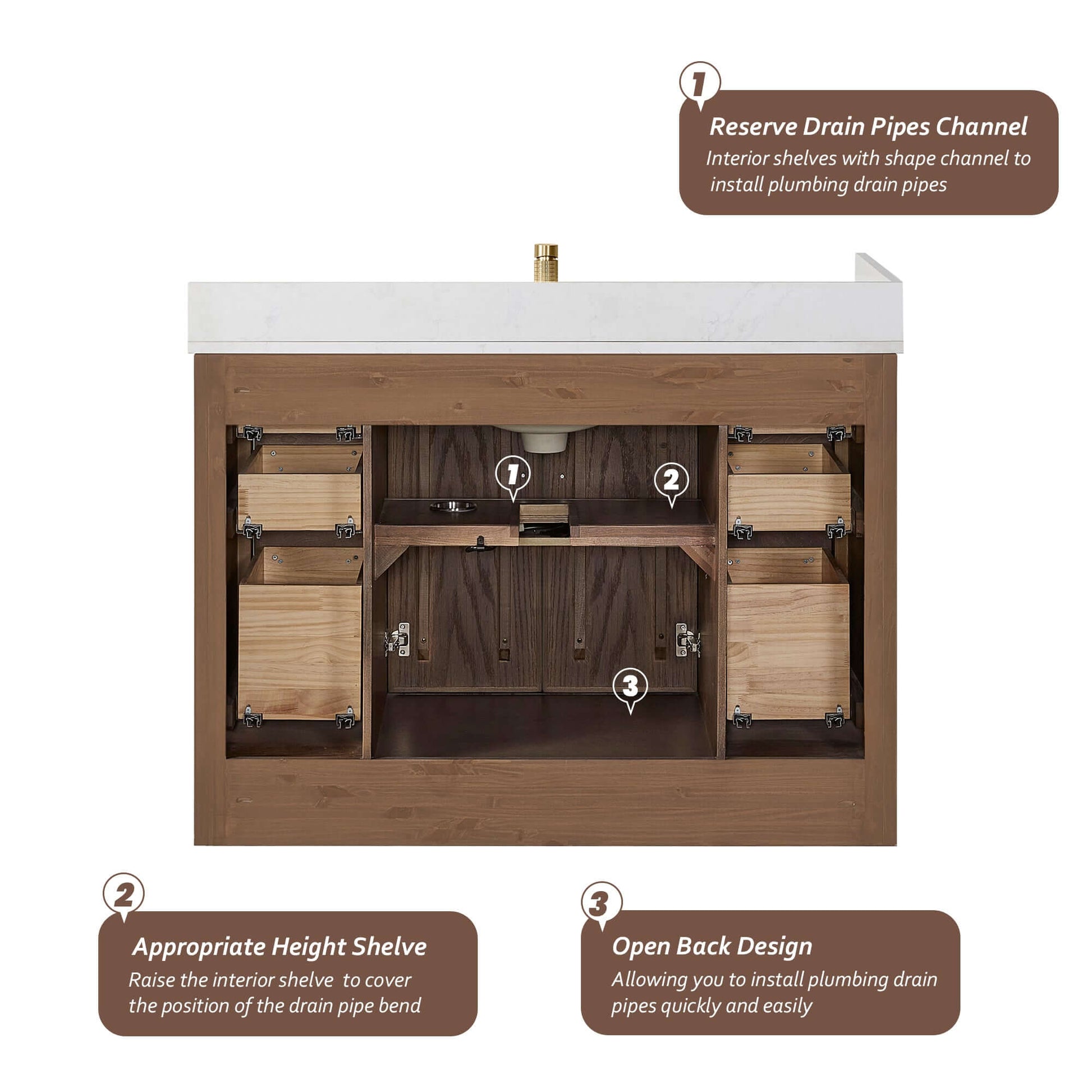 Vinnova, Jakarta 48" Freestanding Single Bath Vanity in Aged Dark Brown Oak with Silk White Quartz Stone Top details
