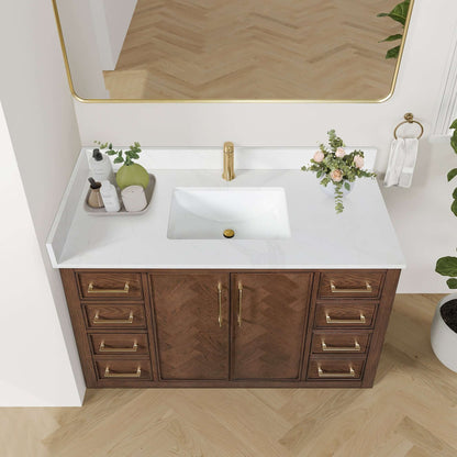 Vinnova, Jakarta 48" Freestanding Single Bath Vanity in Aged Dark Brown Oak with Silk White Quartz Stone Top in luxurious bathroom setting