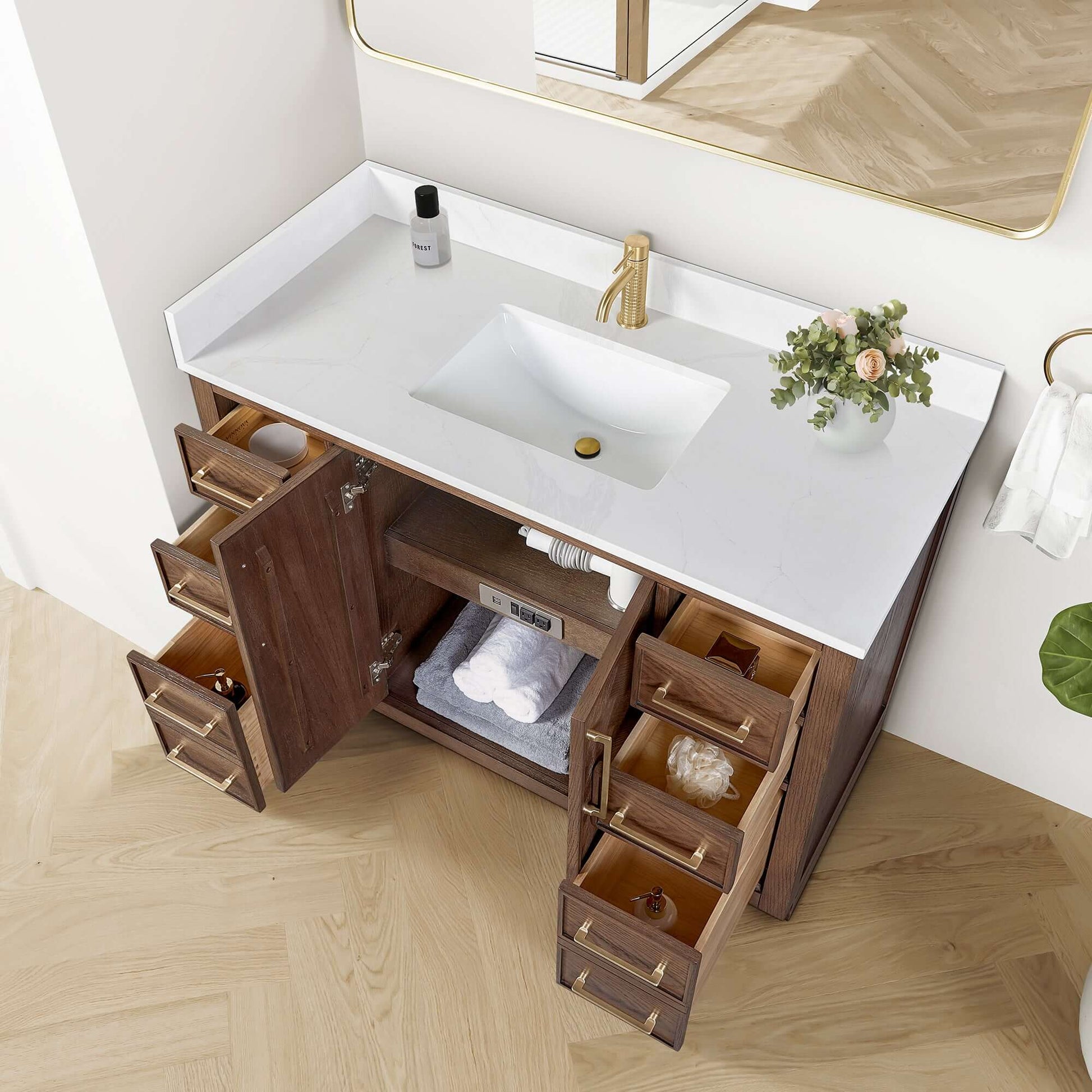 Vinnova, Jakarta 48" Freestanding Single Bath Vanity in Aged Dark Brown Oak with Silk White Quartz Stone Top - bathroom vanity