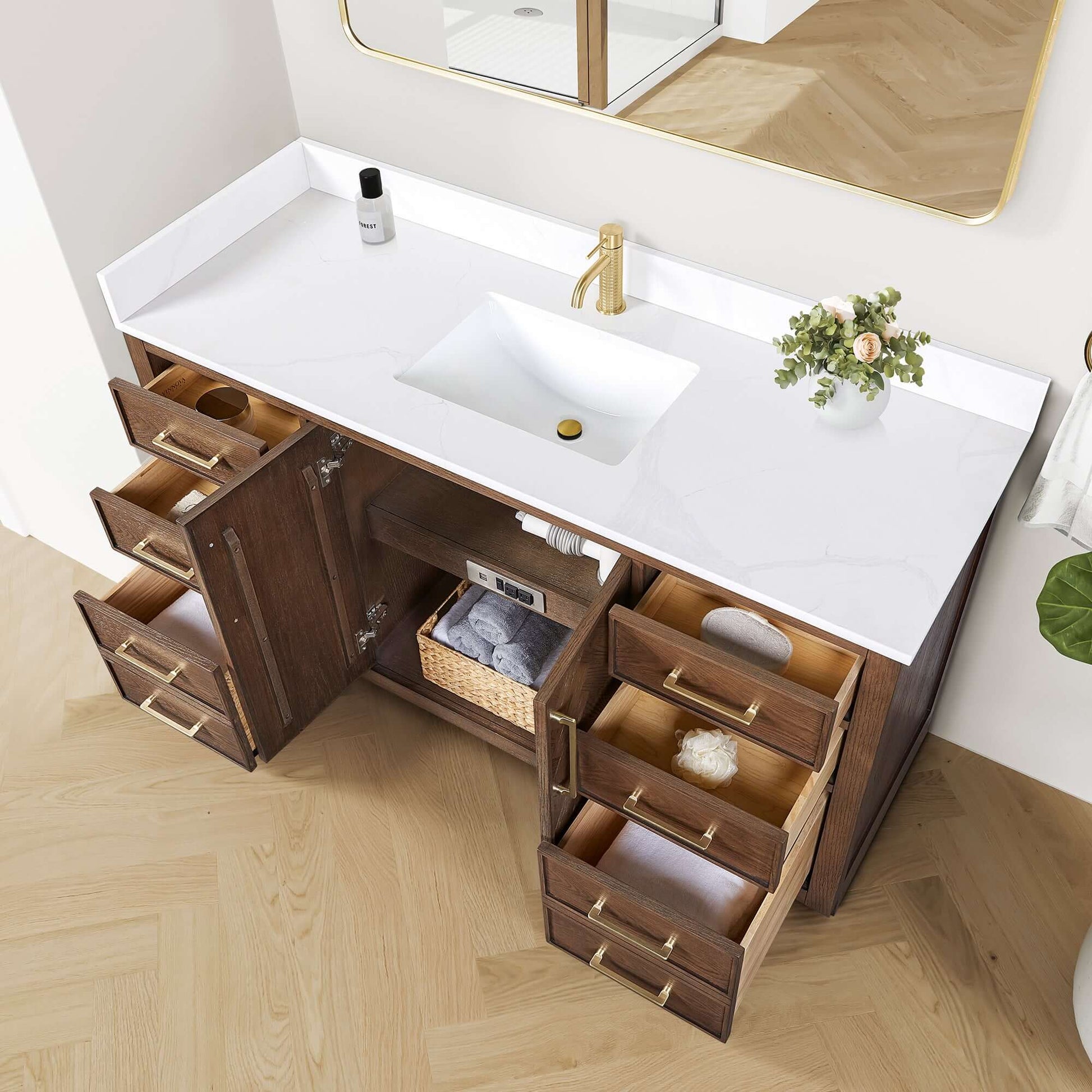 Vinnova, Jakarta 60" Freestanding Single Bath Vanity in Aged Dark Brown Oak with Silk White Quartz Stone Top, modern bathroom vanity