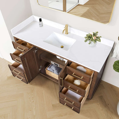 Vinnova, Jakarta 60" Freestanding Single Bath Vanity in Aged Dark Brown Oak with Silk White Quartz Stone Top, modern bathroom vanity