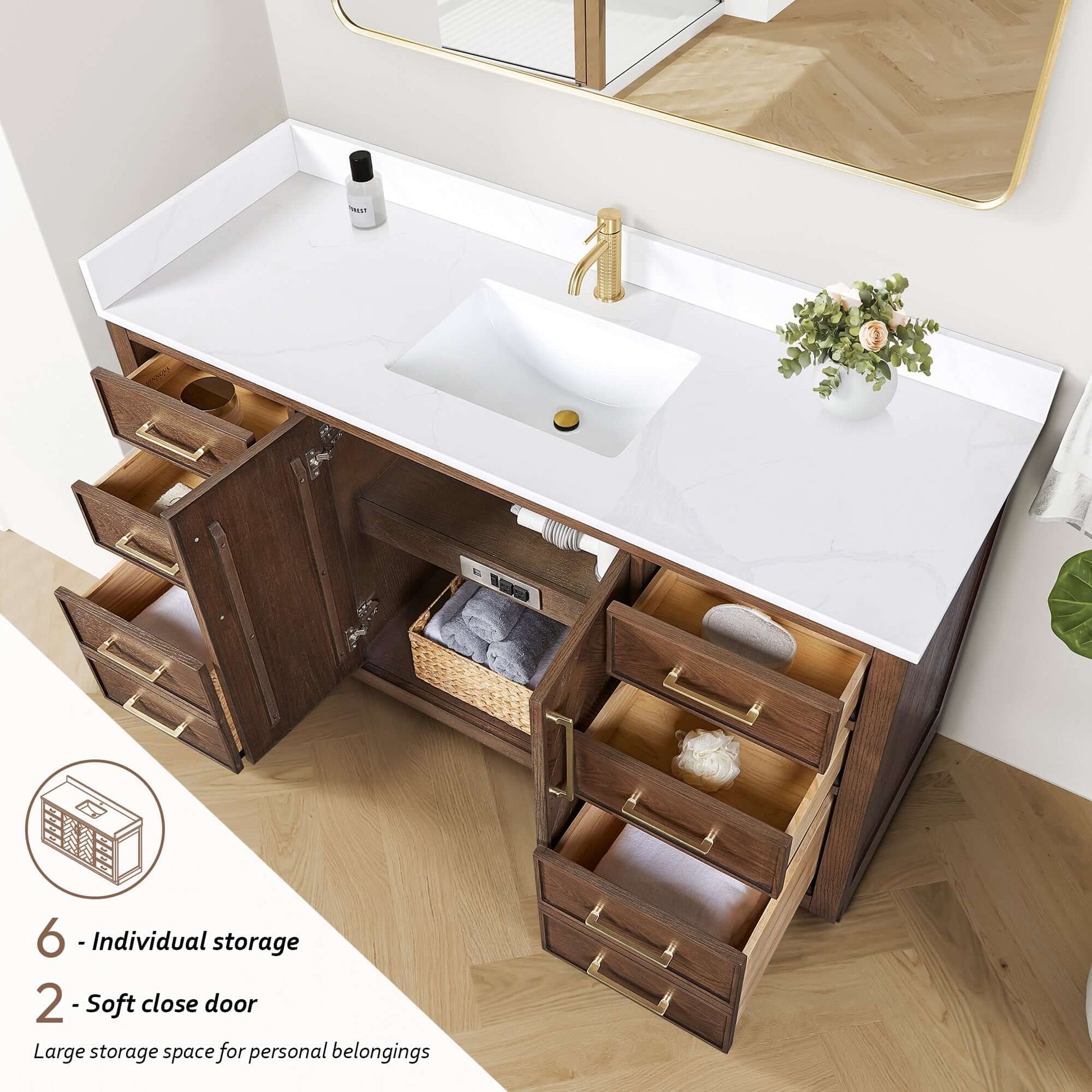 Vinnova, Jakarta 60" Freestanding Single Bath Vanity in Aged Dark Brown Oak with Silk White Quartz Stone Top showcasing open storage.