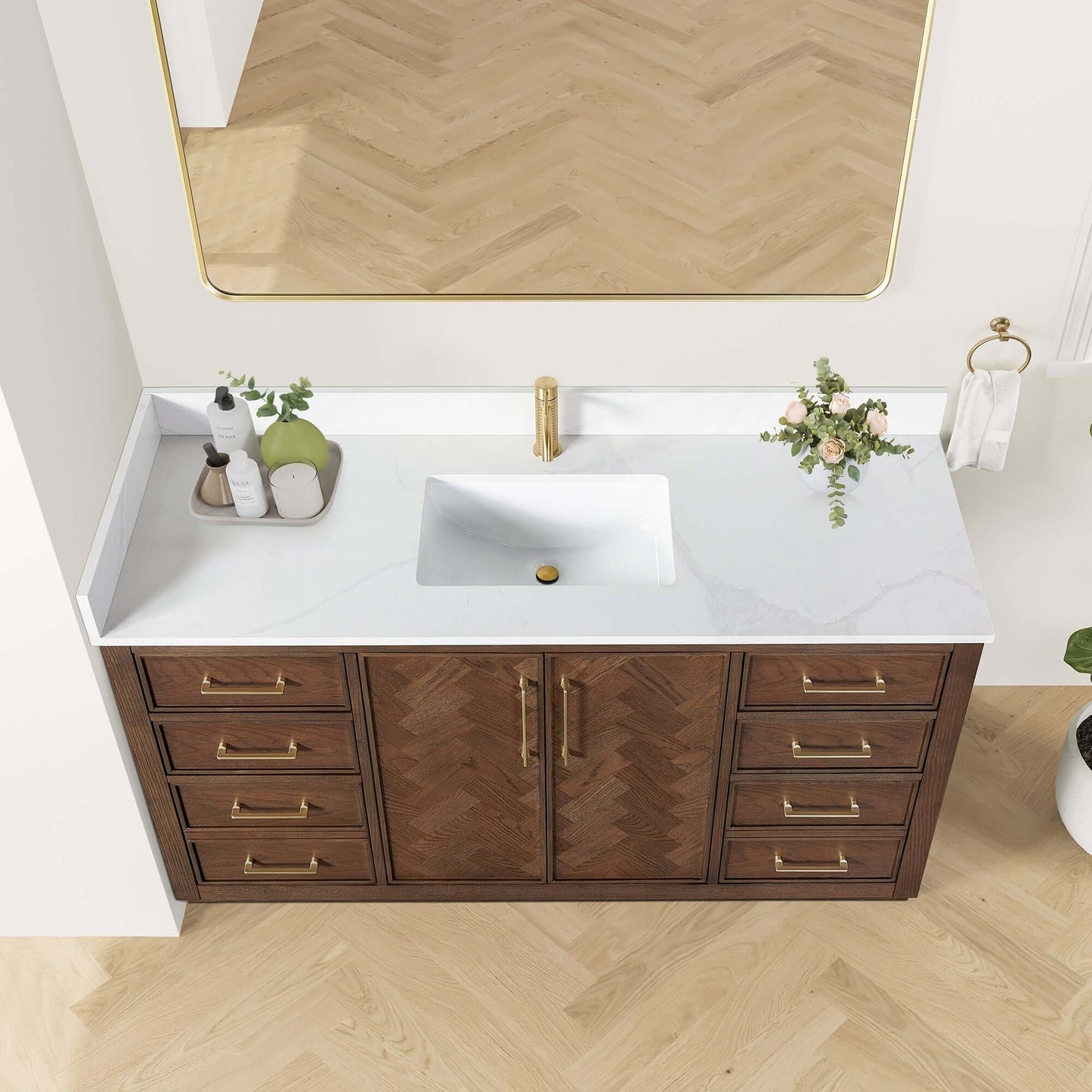Vinnova, Jakarta 60" Freestanding Single Bath Vanity in Aged Dark Brown Oak with Silk White Quartz Stone Top, bathroom vanity