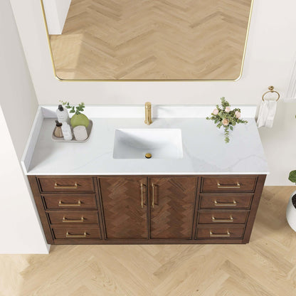 Vinnova, Jakarta 60" Freestanding Single Bath Vanity in Aged Dark Brown Oak with Silk White Quartz Stone Top, bathroom vanity