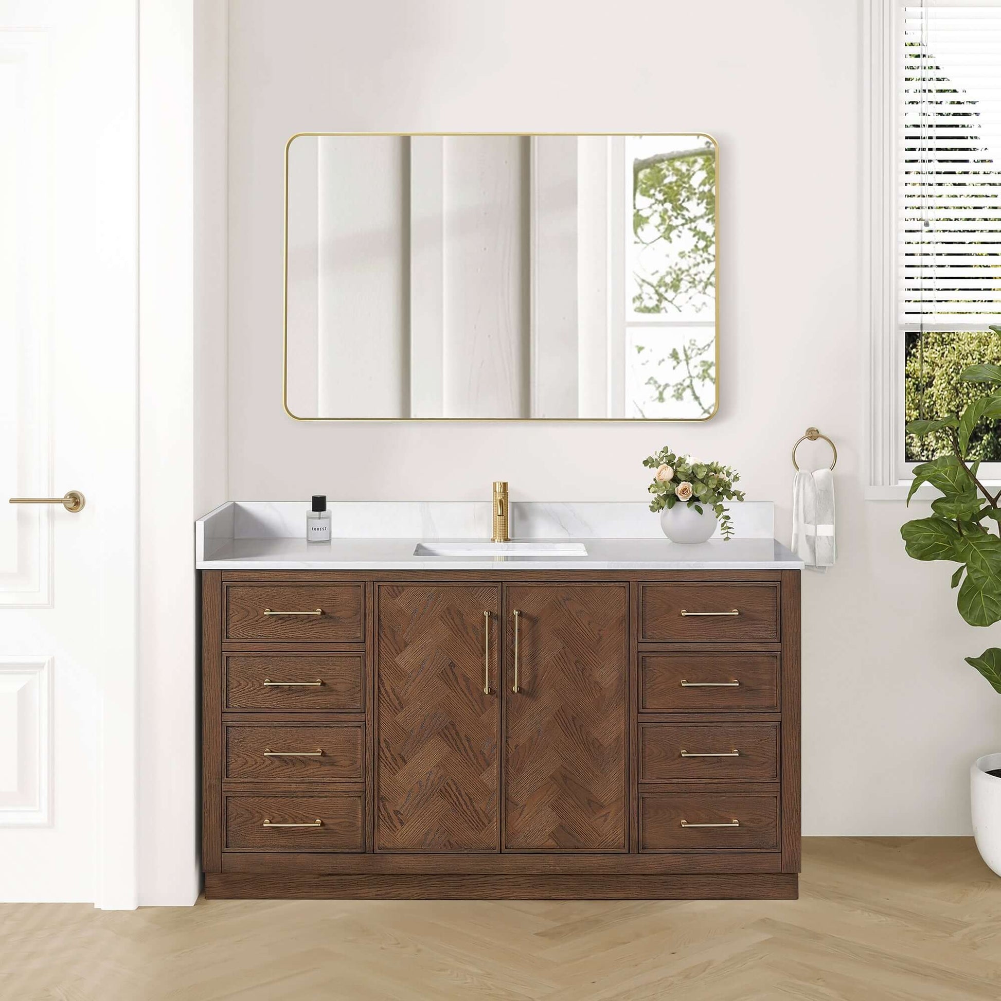 Vinnova, Jakarta 60" Freestanding Single Bath Vanity in Aged Dark Brown Oak with Silk White Quartz Stone Top in a bathroom setting