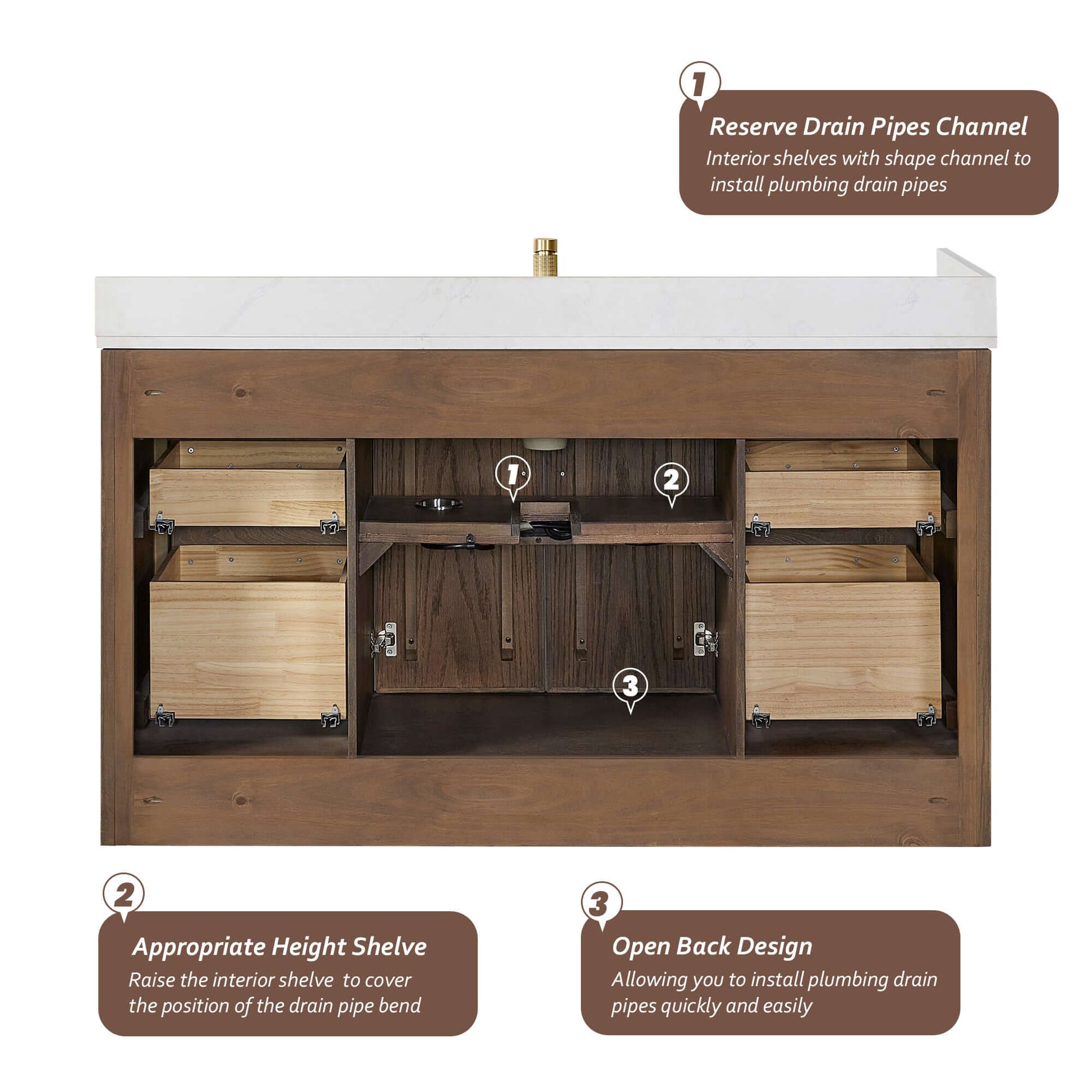 Vinnova, Jakarta 60" Freestanding Single Bath Vanity in Aged Dark Brown Oak with Silk White Quartz Stone Top, interior view with storage features