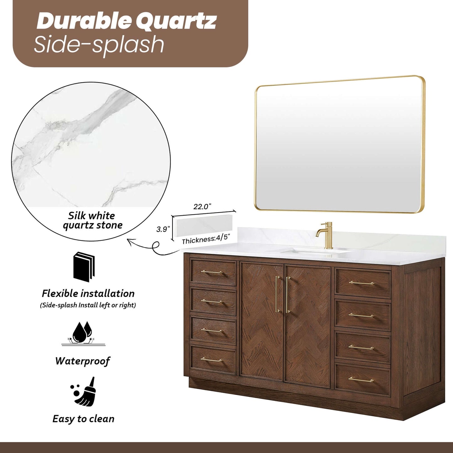 Vinnova, Jakarta 60" Freestanding Single Bath Vanity in Aged Dark Brown Oak with Silk White Quartz Stone Top featuring durable design.