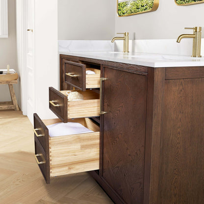 Vinnova, Jakarta 60M" Freestanding Double Bath Vanity in Aged Dark Brown Oak with Silk White Quartz Stone Top featuring open drawers.