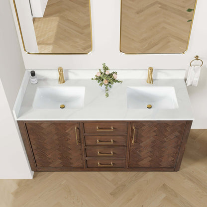 Vinnova, Jakarta 60M" Freestanding Double Bath Vanity in Aged Dark Brown Oak with Silk White Quartz Stone Top in modern bathroom