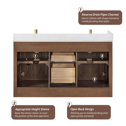 Interior view of Vinnova, Jakarta 60M" Freestanding Double Bath Vanity in Aged Dark Brown Oak with Silk White Quartz Stone Top showing shelving features.