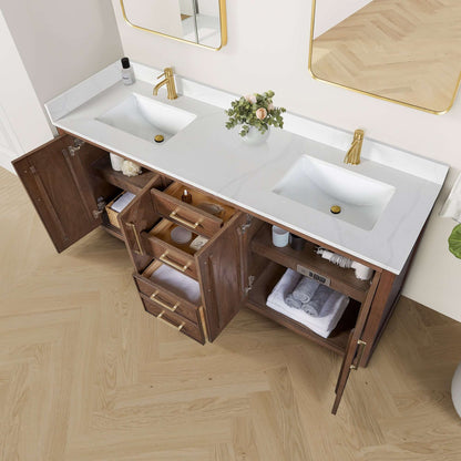 Vinnova, Jakarta 72" Freestanding Double Bath Vanity in Aged Dark Brown Oak with Silk White Quartz Stone Top in bathroom setting