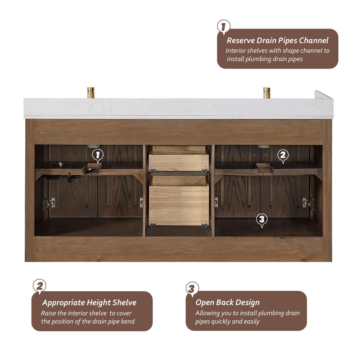 Vinnova, Jakarta 72" Freestanding Double Bath Vanity in Aged Dark Brown Oak with Silk White Quartz Stone Top showing open back design.