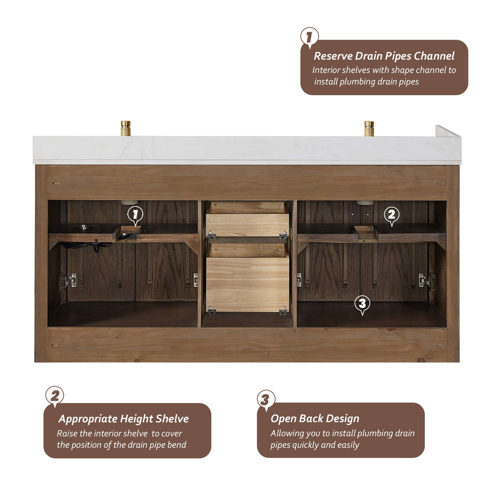 Vinnova, Jakarta 72" Freestanding Double Bath Vanity in Aged Dark Brown Oak with Silk White Quartz Stone Top showing open back design.