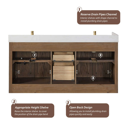 Vinnova, Jakarta 72" Freestanding Double Bath Vanity in Aged Dark Brown Oak with Silk White Quartz Stone Top showing open back design.