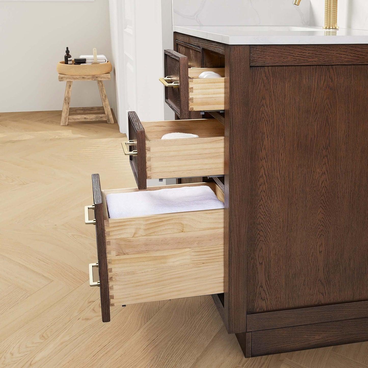 Vinnova, Jakarta 84" Freestanding Double Bath Vanity in Aged Dark Brown Oak with Silk White Quartz Stone Top featuring open drawers