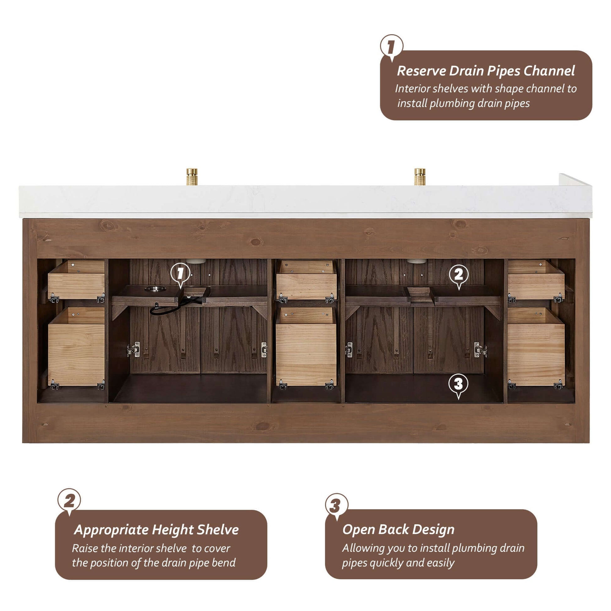 Interior of Vinnova, Jakarta 84" Freestanding Double Bath Vanity in Aged Dark Brown Oak showing plumbing features and storage