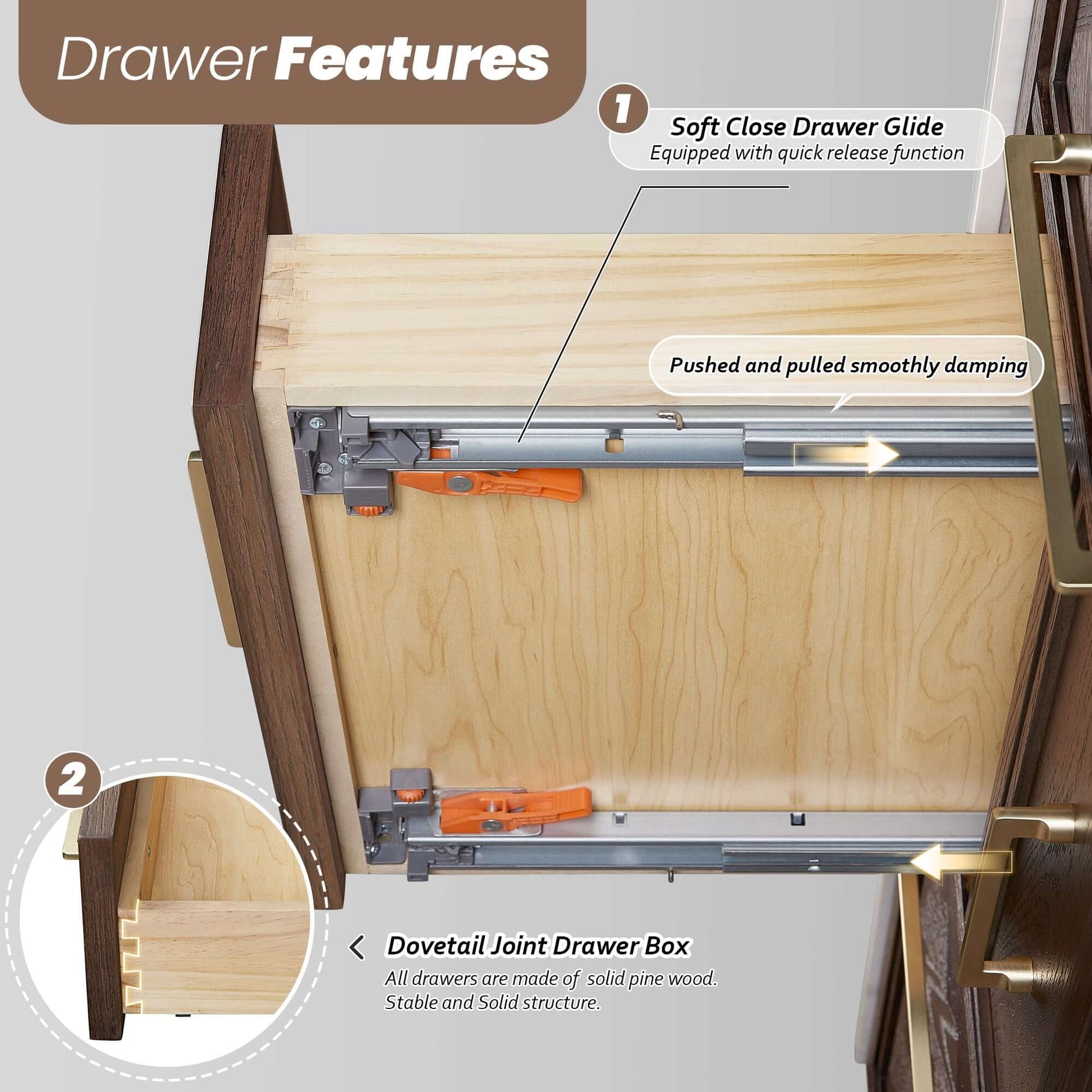 Inside view of drawer features on Vinnova, Jakarta 84" Freestanding Double Bath Vanity, highlighting soft close glide and dovetail joint box.