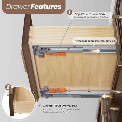 Inside view of drawer features on Vinnova, Jakarta 84" Freestanding Double Bath Vanity, highlighting soft close glide and dovetail joint box.