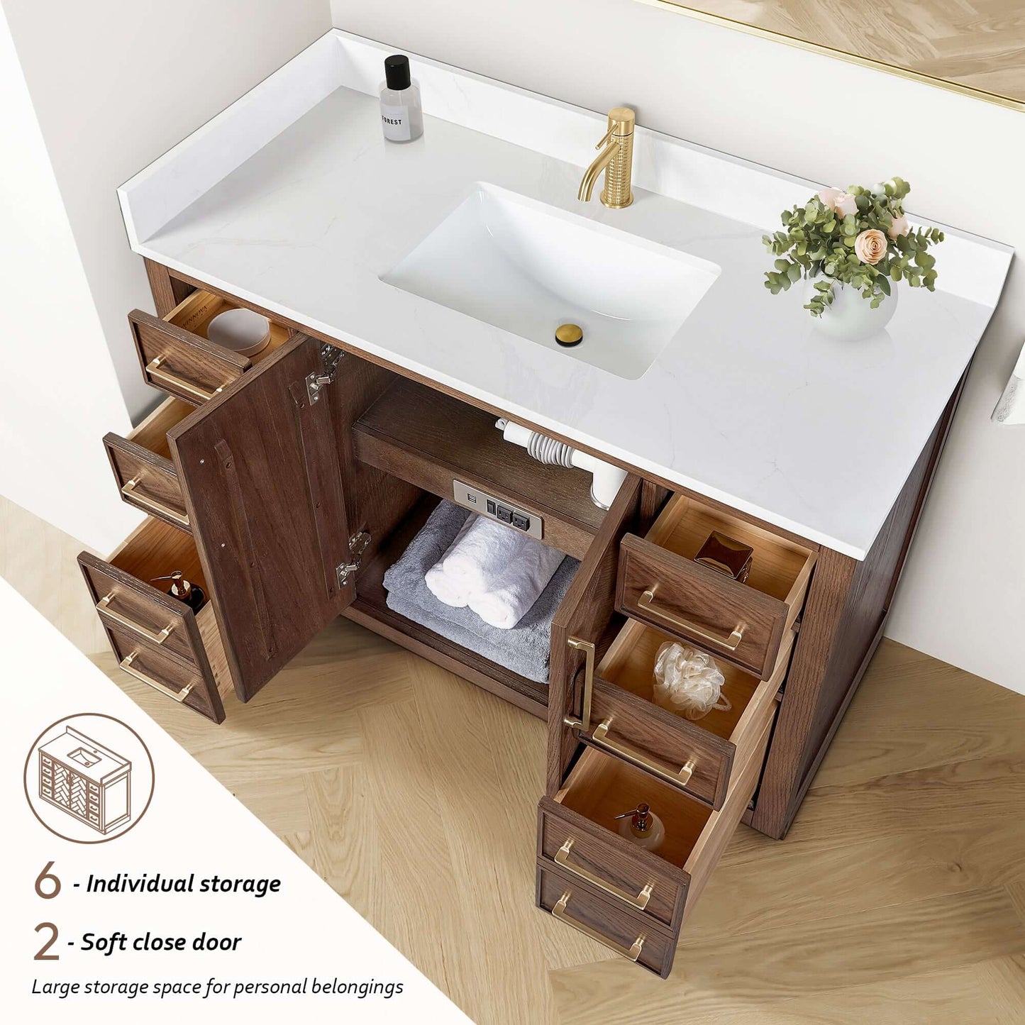 Vinnova, Jakarta 48" Freestanding Single Bath Vanity in Aged Dark Brown Oak with Silk White Quartz Stone Top showing storage options