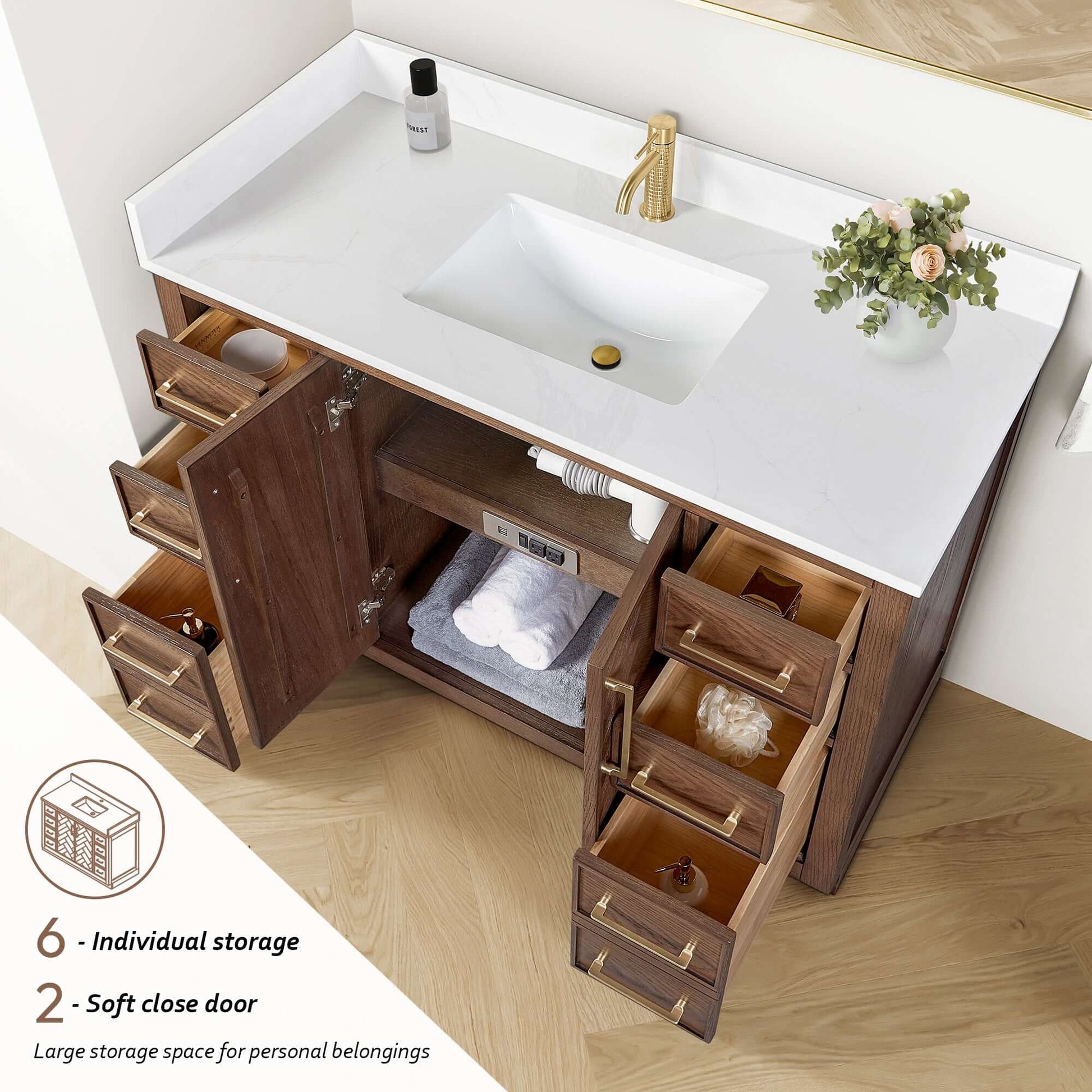 Vinnova, Jakarta 48" Freestanding Single Bath Vanity in Aged Dark Brown Oak with Silk White Quartz Stone Top showing storage options
