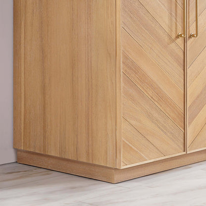 Close-up of wooden cabinetry design in Vinnova, Karachi 60" Double Sink Bath Vanity in Acacia Classic Gray with White Grain Composite Stone Top.