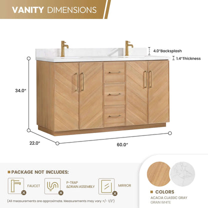 Vinnova, Karachi 60" Double Sink Bath Vanity in Acacia Classic Gray with White Grain Composite Stone Top dimensions diagram.