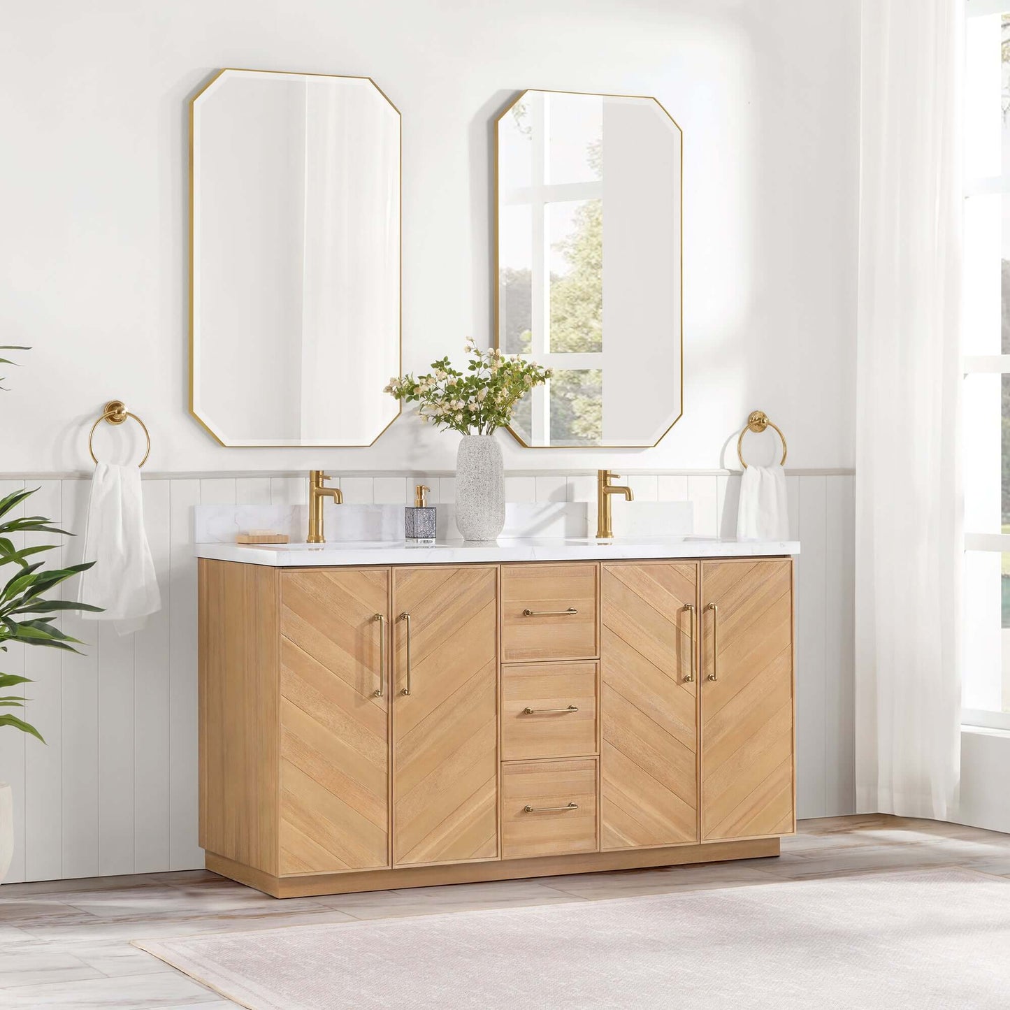 Vinnova, Karachi 60" Double Sink Bath Vanity in Acacia Classic Gray with White Grain Composite Stone Top in elegant bathroom setting