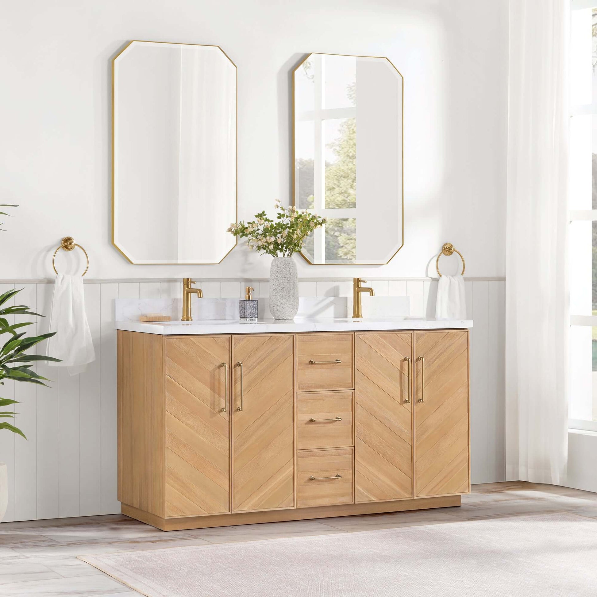 Vinnova, Karachi 60" Double Sink Bath Vanity in Acacia Classic Gray with White Grain Composite Stone Top in elegant bathroom setting