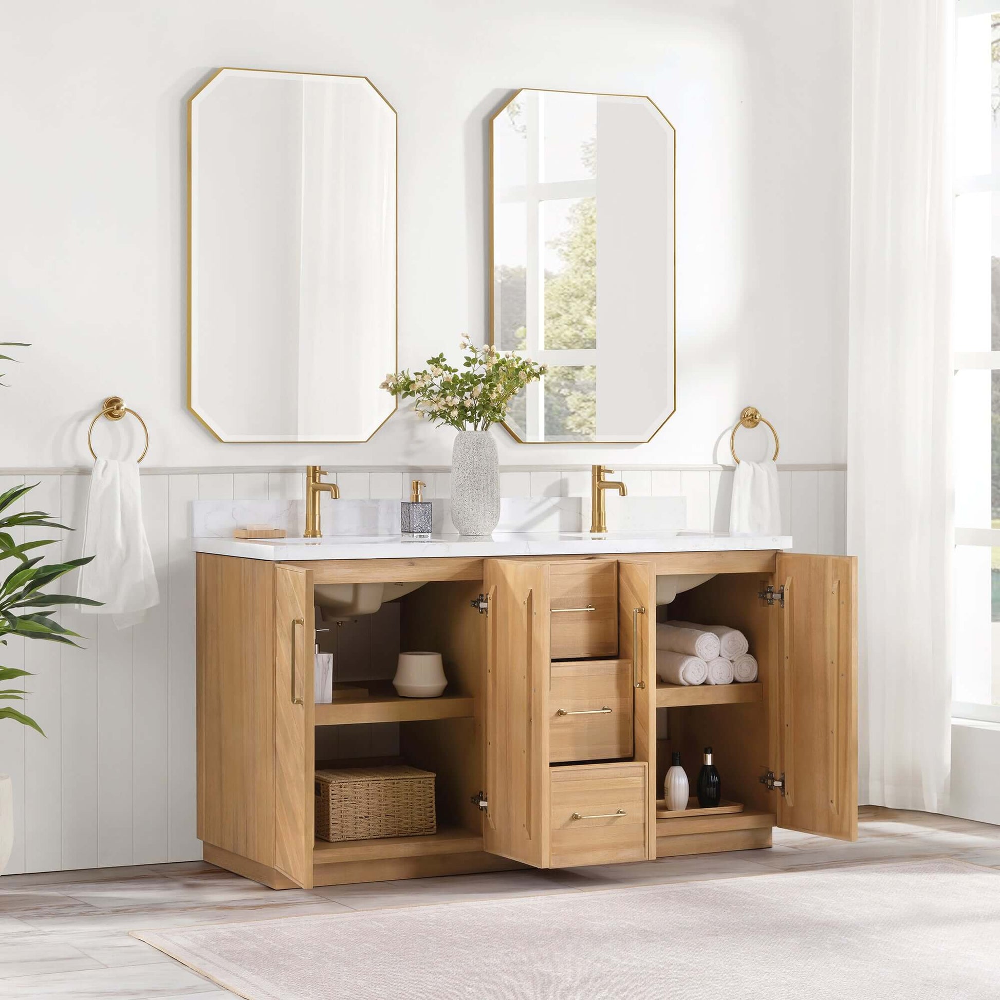 Vinnova, Karachi 60" Double Sink Bath Vanity in Acacia Classic Gray with White Grain Composite Stone Top showcasing open cabinet doors
