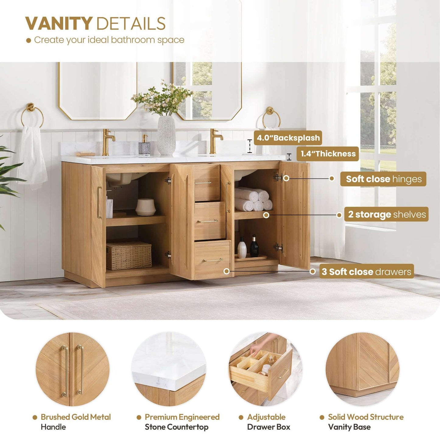 Vinnova, Karachi 60" Double Sink Bath Vanity in Acacia Classic Gray with White Grain Composite Stone Top
