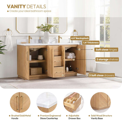 Vinnova, Karachi 60" Double Sink Bath Vanity in Acacia Classic Gray with White Grain Composite Stone Top
