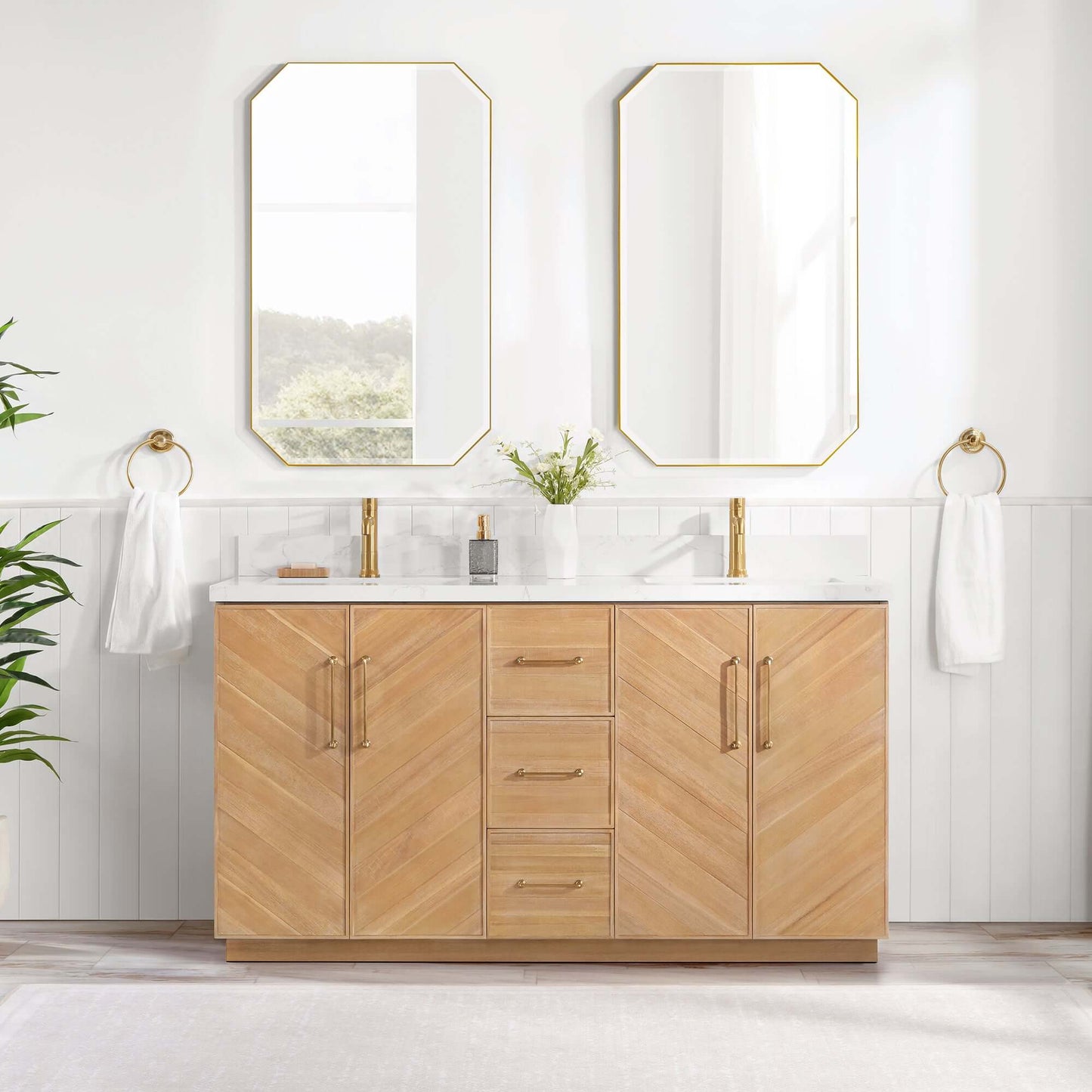 Vinnova, Karachi 60" Double Sink Bath Vanity in Acacia Classic Gray with White Grain Composite Stone Top in bathroom setting