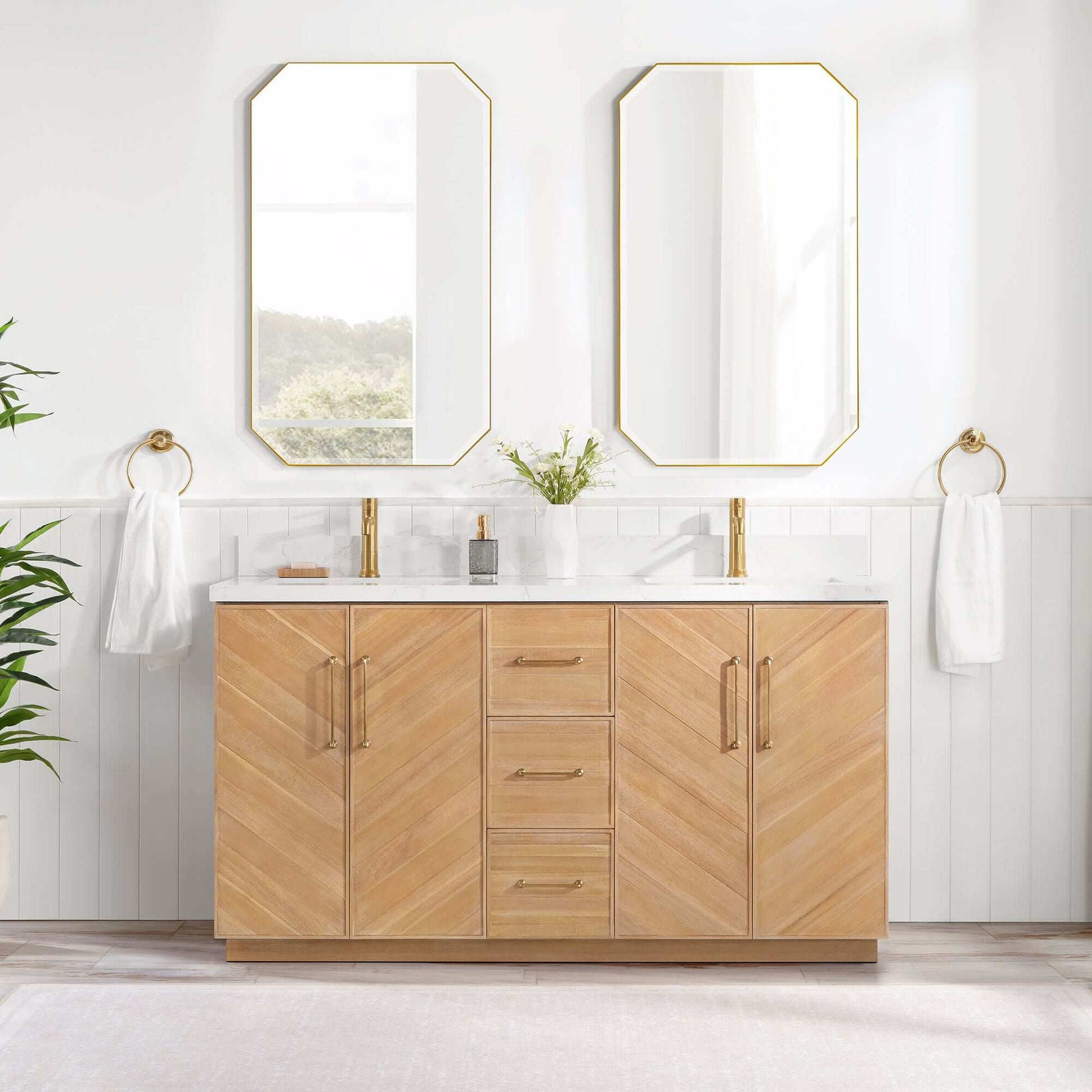 Vinnova, Karachi 60" Double Sink Bath Vanity in Acacia Classic Gray with White Grain Composite Stone Top in bathroom setting