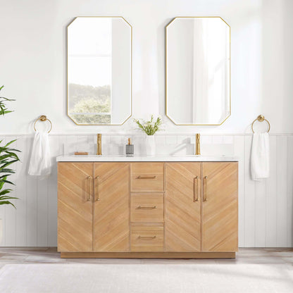 Vinnova, Karachi 60" Double Sink Bath Vanity in Acacia Classic Gray with White Grain Composite Stone Top in bathroom setting