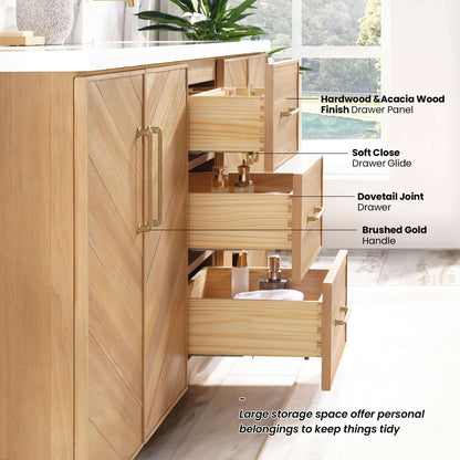 Bathroom vanity with Acacia wood finish, soft close and dovetail drawers, and brushed gold handles showcasing storage space.