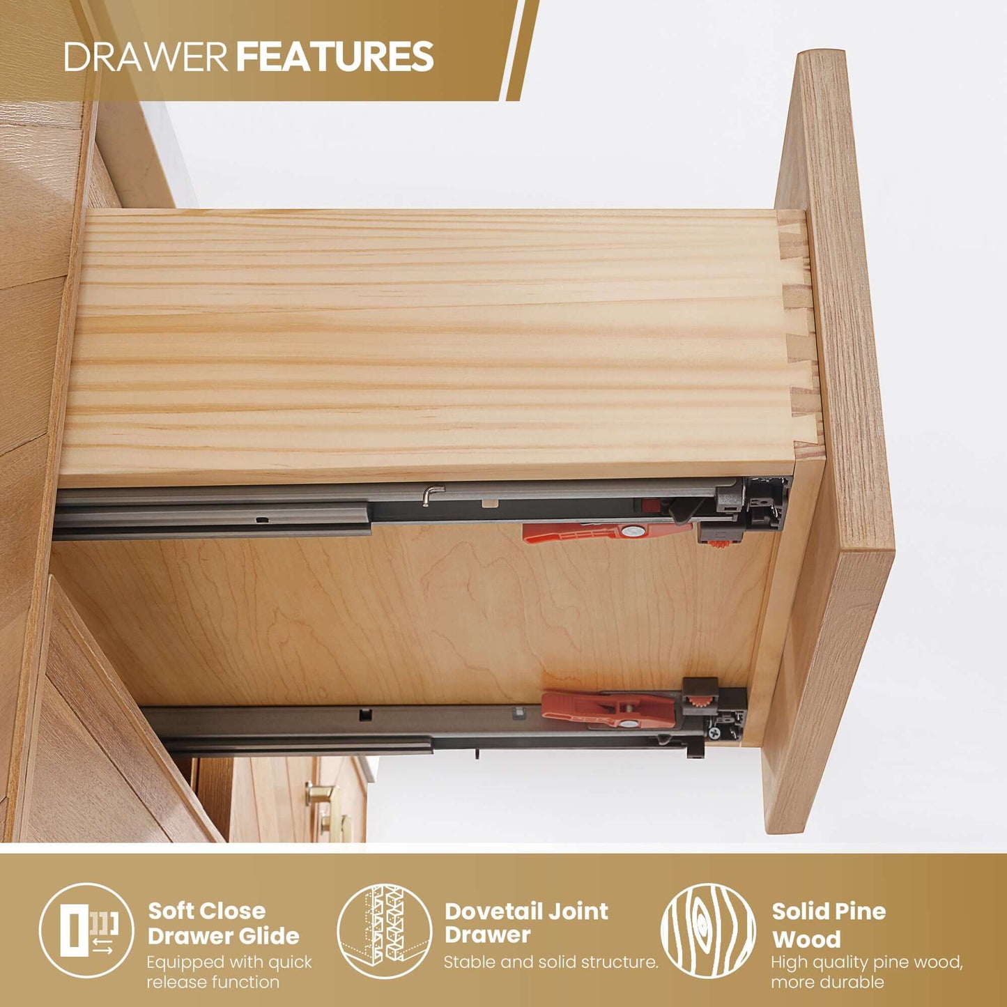 Drawer features of Vinnova, Karachi 60" Double Sink Bath Vanity showing soft close glide, dovetail joint drawer, and solid pine wood.